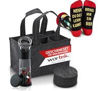 Wortek Cadeaux amusants pour homme - Sac à main pour homme - Décapsuleur avec récipient de récupération - Dessous de verre en feutre et chaussettes - Cadeaux de bière pour hommes - Chaussettes