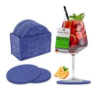 wortek Lot de 10 dessous de verre ronds en feutre bleu - Avec boîte - Lavables - 10 cm