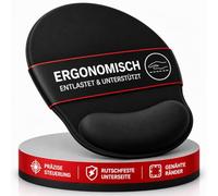 wortek Tapis de Souris avec Coussin en Gel en Mousse à mémoire de Forme - 23 x 26 cm - Tapis de Souris Ergonomique avec Repose-Mains - Bords Cousus - Noir