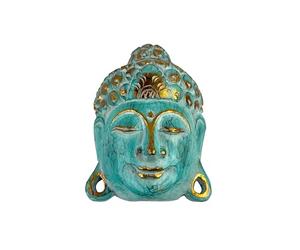 Woru Masque de Bouddha Mural, Bois Albesia, Turquoise, 25 cm | Masque de Bouddha Mural, Bois Albesia Finition Turquoise Patinée, Sculpté à la Main à Bali, 25 ou 35 cm