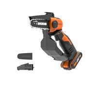 WORX Élagueuse Mini Tronçonneuse sans Fil 20V WG324E, Guide 12 cm, largeur coupe 10 cm, idéale pour élagage, taille, ébranchage, tronçonnage, capot de protection,livrée avec une Batterie 2Ah, chargeur