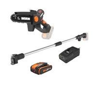 WORX Élagueuse Mini Tronçonneuse sans fil 20V WG327E.2 | Guide de 15 cm, Brushless, Lubrification et Tension automatique, Compacte et Ergonomique, Avec batterie, chargeur et perche