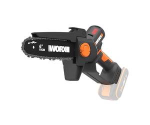 WORX Élagueuse Mini Tronçonneuse sans fil 20V WG327E.9, guide de 15 cm, moteur brushless, lubrification et tension automatique, compacte et ergonomique, livrée sans batterie ni chargeur