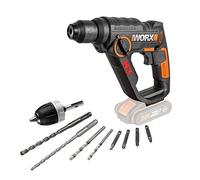 WORX Marteau sans fil PowerShare 20 V - 3 outils en 1 - Perceuse, tournevis et marteau, lumière LED, portable et léger, outil nu uniquement, WX390.9 Noir