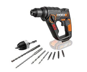 WORX Marteau sans fil PowerShare 20 V - 3 outils en 1 - Perceuse, tournevis et marteau, lumière LED, portable et léger, outil nu uniquement, WX390.9 Noir
