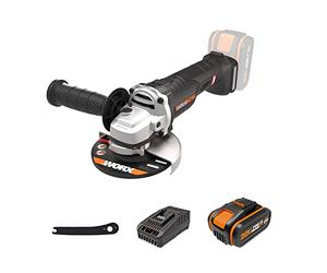 WORX Meuleuse d'angle sans fil 20V WX812, ⌀ 125 mm, Livrée avec batterie et chargeur, 8 500 tr/min, poignée auxiliaire, disque, carter, coffret de rangement