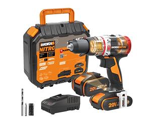 WORX NITRO 18V(20V MAX) Perceuse à Percussion sans Fil WX354.1 PowerShare PRO Brushless 60 N.m Commande à 2 Vitesses 10mm dans Béton Armé 1 Mèche de Maçonnerie 8mm1 Batterie 2 Ah 1 Batterie 4 Ah