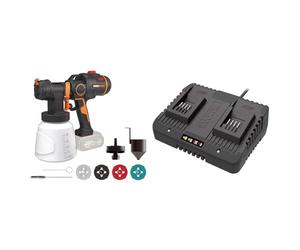 WORX Nitro - Pistolet à Peinture sans Fil Brushless 20V - WX020.9 & Chargeur Double 20 V Li-ION 2.0 A à 5Ah- WA3772