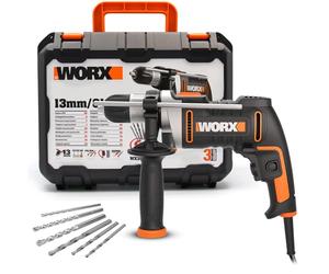 WORX Perceuse à percussion filaire 800W WX328, mandrin sans e 13 mm, vitesse variable, rotation avant et arrière, livrée avec 3 forets HSS, 3 forets pour le béton, 1 jauge de profondeur