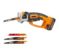 WORX Scie Sabre sans Fil 20V WG894E, Jusqu'à 60mm dans le Bois, Course de 16mm, Multimatériaux, Coupe le Bois et l'Acier, Compacte et Légère, Avec 1 Batterie 2Ah, Chargeur et 3 Lames