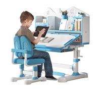 woshapce Ensemble bureau et chaise pour enfants, table d'étude réglable en hauteur avec bureau inclinable à 50 degrés, étagère à livres, poste de travail multifonction avec tiroir de rangement pour