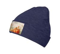 Woshuwo Aquarelle Automne Citrouilles Wildflowers Bonjour Bonnet pour Hommes Femmes Hiver Chaud Tricot Manchette Chapeaux Acrylique Tête de Mort Cap Bleu Marine