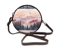 Woshuwo Aquarelle Foggy Forest Tall Evergreen Trees Femmes Round Crossbody Bags Leather Sling Bag Purse