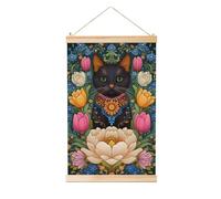 Woshuwo Chat noir et fleurs tulipes pivoines peinture à suspendre en lin, art mural en lin, œuvre d'art moderne, décoration de ferme, 40 x 60 cm