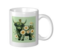 Woshuwo Highland Cow Spring Daisy Orange Butterfly Tasse à café élégante en céramique pour la maison et le bureau 325 ml