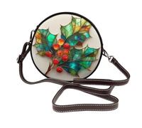 Woshuwo Holy With Seven Leaves And Red Berries Sac à bandoulière rond en cuir pour femme