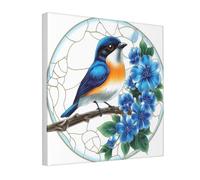 Woshuwo Impression sur toile représentant un oiseau bleu et des fleurs sur vitrail - Impression esthétique pour dortoir, chambre à coucher, salon - 30 x 30 cm - Encadrée