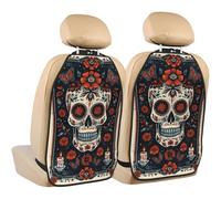 Woshuwo Lot de 2 protections de dossier de siège de voiture vintage Day of the Dead Linocut Skull Floral avec poches de rangement pour protéger de la saleté, de la boue et des rayures