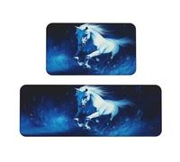 Woshuwo Lot de 2 tapis de cuisine antidérapants motif cheval blanc au galop dans le bleu foncé
