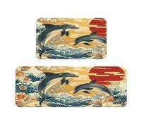 Woshuwo Lot de 2 tapis de cuisine antidérapants Motif deux dauphins sautant l'art japonais