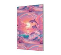 Woshuwo Magnifique impression sur toile représentant un coucher de soleil et des dauphins sautant sur toile pour dortoir, chambre à coucher, salon, 30 x 45 cm encadrée