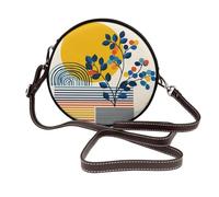 Woshuwo Mid-Century Rainbow And Plant Yellow Sun Women Round Crossbody Bags Leather Sling Bag Purse