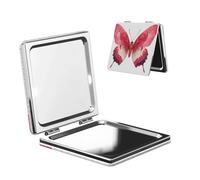 Woshuwo Miroir de maquillage de voyage à l'aquarelle rose papillon double face en cuir PU portable compact grossissant de poche