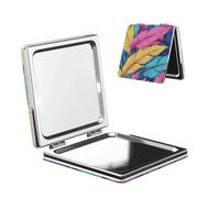 Woshuwo Miroir de maquillage de voyage avec feuilles tropicales rose jaune sarcelle double face en cuir PU portable compact grossissant de poche