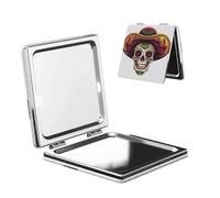 Woshuwo Miroir de maquillage de voyage en cuir PU double face avec tête de mort en chapeau mexicain et fleur