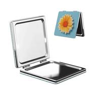 Woshuwo Miroir de maquillage de voyage jaune tournesol sur bleu clair double face en cuir PU portable compact grossissant de poche