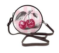 Woshuwo One Cherry on Pink and White Checkered Women Round Crossbody Bags Leather Sling Bag Purse