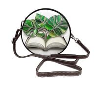 Woshuwo Open Book With Lush Monstera Plant Leaves Sac à bandoulière rond en cuir pour femme