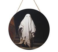 Woshuwo Panneau de bienvenue en bois « Ghost Stands At The Top Of Stairs » pour porte d'entrée, 30 cm rond à suspendre, décoration de ferme