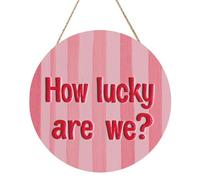 Woshuwo Panneau de bienvenue rond en bois à rayures roses avec How Lucky Are We pour porte d'entrée, 30 cm