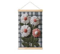 Woshuwo Petite fleur brodée sur lin à carreaux à suspendre, art mural en lin, œuvre d'art moderne, décoration de ferme, 40 x 60 cm
