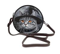 Woshuwo Sac à bandoulière rond en cuir avec chapeau de sorcière en forme de chat tigré argenté pour femme