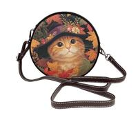 Woshuwo Sac à bandoulière rond en cuir avec chapeau de sorcière et feuilles d'automne pour femme Orange