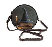 Woshuwo Sac à bandoulière rond en cuir avec chapeau de sorcière noir et citrouille