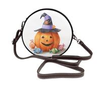 Woshuwo Sac à bandoulière rond en cuir avec citrouille d'Halloween avec chapeau de sorcière pour femme