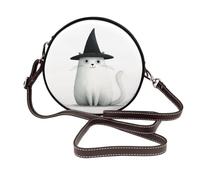 Woshuwo Sac à bandoulière rond en cuir avec motif chat blanc portant un chapeau de sorcière noir