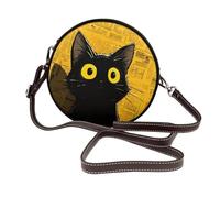 Woshuwo Sac à bandoulière rond en cuir avec motif chat noir contre un journal pour femme