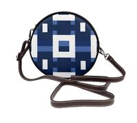 Woshuwo Sac à bandoulière rond en cuir avec motif géométrique minimaliste bleu et blanc pour femme