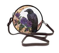 Woshuwo Sac à bandoulière rond en cuir pour femme Motif corbeau avec roses violettes sur croissant de lune