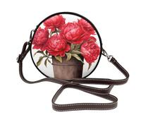 Woshuwo Sac à bandoulière rond en cuir pour femme Motif pivoines rouges dans un seau en bois