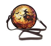 Woshuwo Sac à bandoulière rond en cuir pour femme Motif sorcière en vitrail volant sur balai