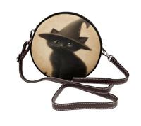 Woshuwo Sac à bandoulière rond vintage en cuir avec motif chaton noir portant un chapeau de sorcière