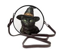 Woshuwo Sac à bandoulière rond vintage en cuir avec motif de sorcière et chat noir pour femme