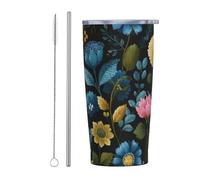 Woshuwo Scandinavian Folk Art - Gobelet de voyage réutilisable en acier inoxydable avec couvercle et paille, motif floral rose, 591 ml