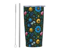 Woshuwo Scandinavian Folk Art - Gobelet de voyage réutilisable en acier inoxydable avec couvercle et paille, motif floral bleu, 591 ml