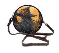 Woshuwo Sorcière aux cheveux longs portant un chapeau à large bord pour femme Sacs à bandoulière ronds en cuir Sac à main